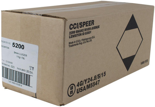 CCI 9mm Luger Ammo 115gr FMJ Ammunition - 1000 Rounds