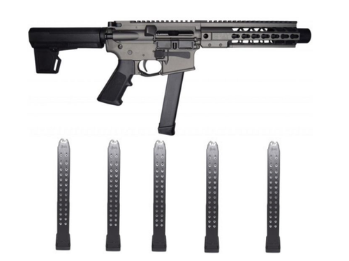 RWB 33rd Glock 9mm Mag (5) & Brigade MFG BM-9 Forged Aluminum AR Pistol - Grey | 9mm | 9" Barrel | 8" U-LOC Rail | Faux Can | KAK Blade