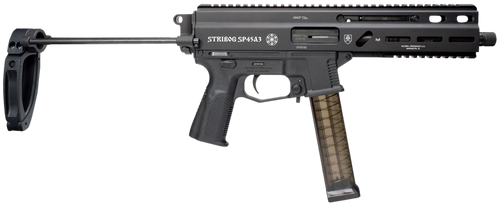 Grand Power 197892004831 SP45A3 Stribog 45 ACP 20+1 8" Black Threaded Barrel, Black Aluminum Picatinny Rail Receiver, Black PDW Tailhook Brace, Black Polymer Grip, Thread Protector