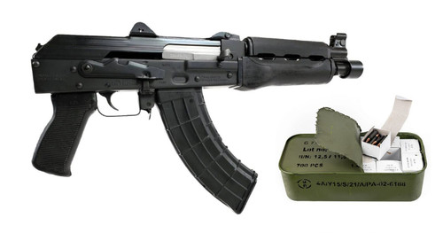 Zastava ZPAP92 AK-47 Pistol BULGED TRUNNION 1.5MM RECEIVER - Stained Wood Handguard | 7.62x39 | 10" Chrome Lined Barrel Bundled w/ One 700rd Tin of Century Arms Romanian Made 7.62x39 Rifle Ammo - 123gr Lead Core FMJ | Steel Case