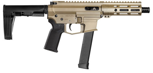 Angstadt Arms UDP-9 Billet Aluminum AR Pistol - FDE | 9mm | 6" barrel | 5.5" M-LOK Rail | MOD2 Tailhook Brace | Accepts Glock Mags