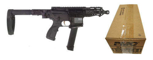 Fostech Wolf Tech-15 Pistol - Black | 9mm| 4.5" Barrel | 4" Mach-2 Rail | Deadfoot Arms Folding Brace W/ Tailhook | Installed Echo-II Trigger Bundled w/ One  PMC Bronze 9mm Luger Handgun Ammo - 115 Grain | FMJ | 1 Case (20 boxes)