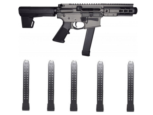 Brigade MFG BM-9 Forged Aluminum AR Pistol - Grey | 9mm | 5.5" Barrel | 5" U-LOC Rail | Faux Can | KAK Blade & 5 RWB Glock 9mm Magazine - Black | 33rd | Gen 2 | Fits Glock 17, 19, 26, 34