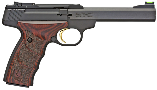 Browning 051429490 Buck Mark Plus *CA Compliant 22 LR 10+1 5.50" Slab Side Barrel, Matte Black Serrated Steel Slide  & Aluminum Frame, Brown Finger Grooved Laminate Grips