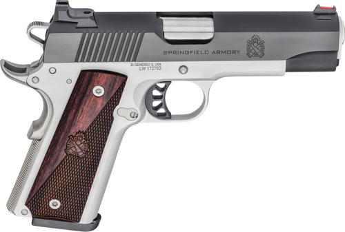 Springfield Armory PX9118L 1911 Ronin 45 ACP 8+1, 4.25" Stainless Match Grade Steel Barrel, Salt Blued Serrated Carbon Steel Slide, Satin Cerakote Aluminum Frame w/Beavertail, Crossed Cannon Wood Grip