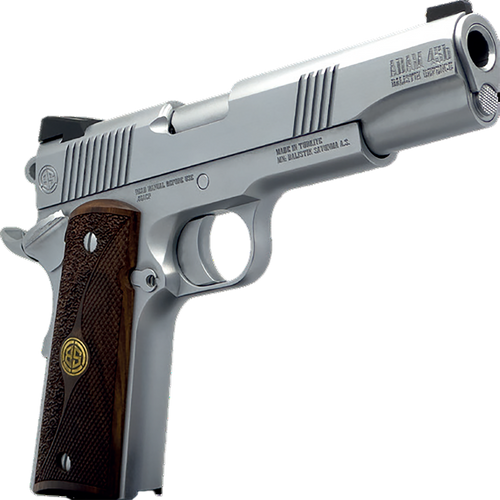 Dickinson LLC DCKSN45B 1911 Adam B Full Size Frame SAO 45 ACP 5" Stainless Button Rifled Barrel, Stainless Steel B Serrations Slide, Stainless Steel Frame, Wood Grip