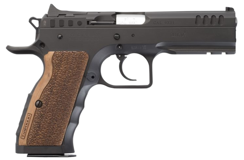 Tanfoglio IFG TFSTOCKI9 Defiant Stock I 9mm Luger Caliber with 4.50" Barrel, 16+1 Capacity, Overall Black Finish Steel, Picatinny Rail/Beavertail Frame, Serrated Slide & Wood Grip
