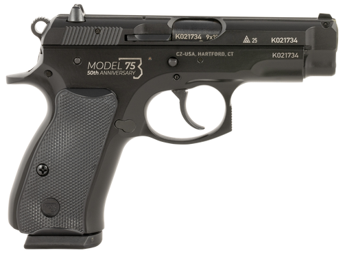 CZ-USA 91122 CZ 75 Compact 50th Anniversary 9mm Luger 15+1 3.75" Black Steel Barrel & Serrated Slide, Black Polycoat Steel Frame w/Beavertail, Black Plastic Grip, Right Hand