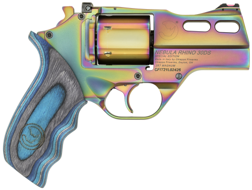Chiappa Firearms CF340319 Rhino 30DA Nebula *CA Compliant 357 Mag 6 Shot, 3" Rainbow PVD Steel Vent Rib Barrel & Cylinder, Rainbow PVD Aluminum Frame, Blue Laminate Grip, Exposed Hammer