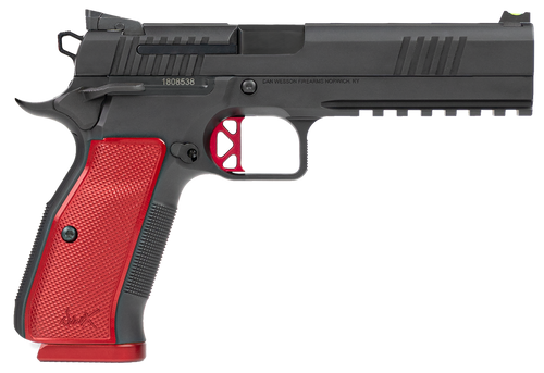 Dan Wesson 92001 DWX  9mm Luger 19+1, 4.95" Black Steel Barrel, Black Duty Serrated Stainless Steel Slide, Black Steel Frame w/Beavertail & Picatinny Rail, Red Checkered Aluminum Grip Ambidextrous