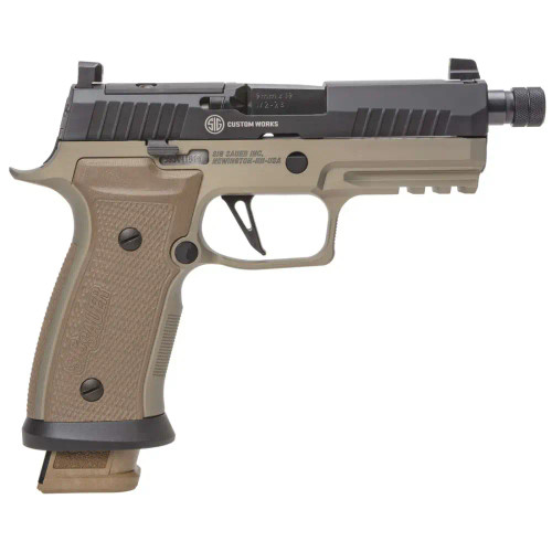 dSIG P320 AXG COMBAT 9MM PSTL FDE/BLK, THREADED, 4.6"BBL, HOGUE GRIP, SUPP RAISED DN SIGHTS
