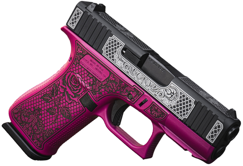 Glock UX4350204FRNGLBC G43X  Slim Sub-Compact Frame 9mm 10+1 3.41" Black GMB Barrel, Black w/White Scroll Cerakote Serrated Steel Slide, Black Cherry Lace w/Rose Cerakote Polymer Frame & Grip