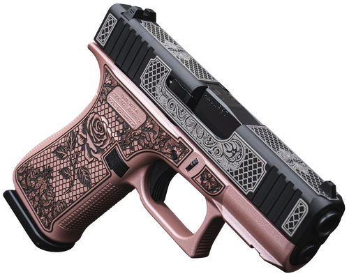 Glock UX4350204FRNGLRG G43X  Slim Sub-Compact Frame 9mm 10+1 3.41" Black GMB Barrel Black w/White Scroll Cerakote, Serrated Steel Slide Rose Gold Lace w/Rose Cerakote Polymer Frame & Grip