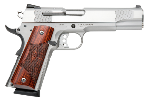 Smith & Wesson 108482 1911 E-Series Serrated Frame 45 ACP 8+1 5" Stainless Steel Barrel, Satin Stainless Serrated Slide & Frame w/Beavertail, Laminate Wood Grip