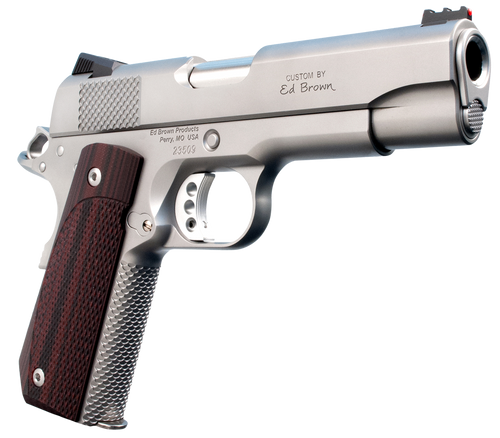 Ed Brown KC18SS 1911 Kobra Carry Serrated Frame 45 ACP 7+1 4.25" Stainless Recessed Crown Barrel, Matte Stainless Serrated Steel Slide & Frame, Laminate Wood Grip, Right Hand