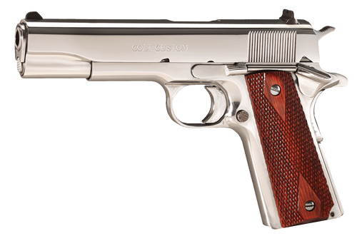 Colt Mfg O2071ELC2 Custom Government 38 Super 9+1 5" Stainless National Match Barrel, High Polished Stainless Steel Serrated Slide & Frame w/Beavertail, Rosewood Grip, Ambidextrous