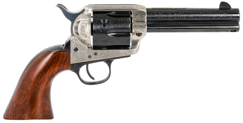 Taylors & Company 550924 1873 Cattleman 357 Mag Caliber with 4.75" Blued Floral Engraved Finish Barrel, 6rd Capacity Blued Finish Cylinder, Coin Photo Engraved Finish Steel Frame & Walnut Grip