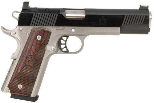 Springfield Armory PX9121LAOS 1911 Ronin 10mm Auto 8+1, 5" Stainless Match Grade Steel Barrel, Blued Serrated Carbon Steel Slide, Stainless Steel Steel Frame w/Beavertail, Crossed Cannon Wood Grip