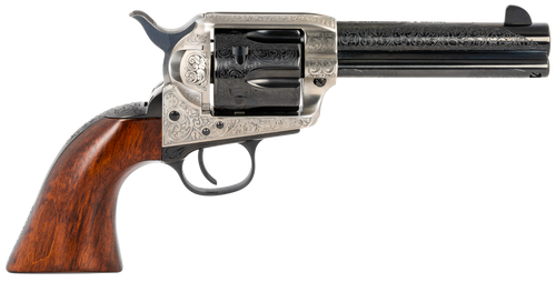 Taylors & Company 550925 1873 Cattleman 45 Colt (LC) Caliber with 4.75" Blued Floral Engraved Finish Barrel, 6rd Capacity Blued Finish Cylinder, Coin Photo Engraved Finish Steel Frame & Walnut Grip