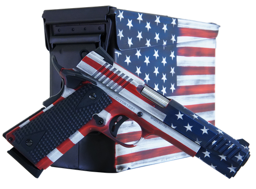 Citadel CITC45FUSAAC M1911 Flag 45 ACP 8+1, 5" Stainless Steel Barrel, American Flag Cerakote Serrated Steel Slide, Steel Frame w/Beavertail, Features Matching Ammo Can, Ambidextrous