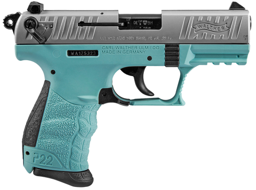 Walther Arms 5120362 P22 *CA Compliant 22 LR 10+1 3.42" Stainless Steel Serrated/Steel Slide, Angel Blue Polymer Frame w/Picatinny Rail, Black Interchangeable Backstrap Grips