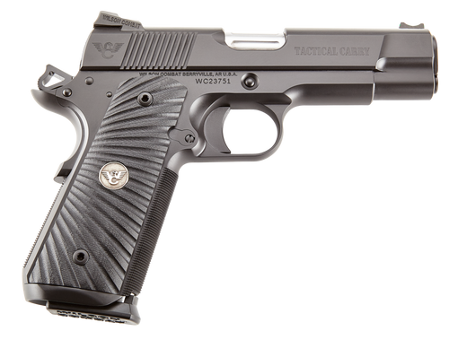 Wilson Combat TCCOM45 Tactical Carry Commander 45 ACP 8+1 4.25" Stainless Steel Barrel, Black Serrated Carbon Steel Slide, Black Armor-Tuff Carbon Steel Frame w/Beavertail, Black G10 Starburst Grip
