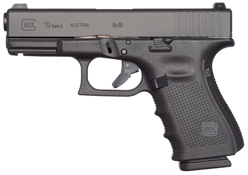 Glock UG1950203 G19 Gen4 Compact 9mm Luger 4.02" 15+1 Overall Black Finish with Steel Slide, Finger Grooved Rough Texture Interchangeable Backstraps Grip & Fixed Sights (US Made) Glock UG1950203 G19 Gen4 Compact 9mm Luger 4.02" 15+1 Overall Black Finish with Steel Slide, Finger Grooved Rough Texture Interchangeable Backstraps Grip & Fixed Sights (US Made)