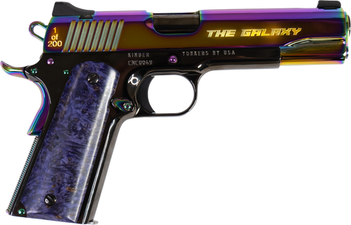 Cnc Firearms CNCGALAXY1911 Kimber 1911 Galaxy 45 ACP 7+1 5" Polished Rainbow PVD Engraved "The Galaxy"/Serrated Slide, Purple Maple Burl Grip