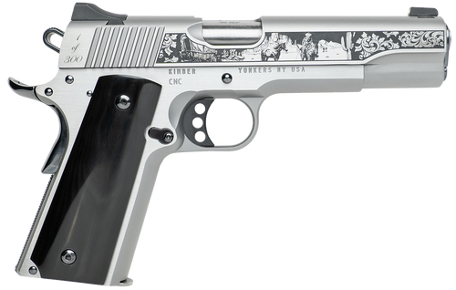 Cnc Firearms CNCWESTSPIRIT Kimber 1911 Western Spirit 45 ACP 7+1 5" Stainless Steel Barrel, Serrated w/Engraved Scrollwork Slide, Black Buffalo Horn Grip