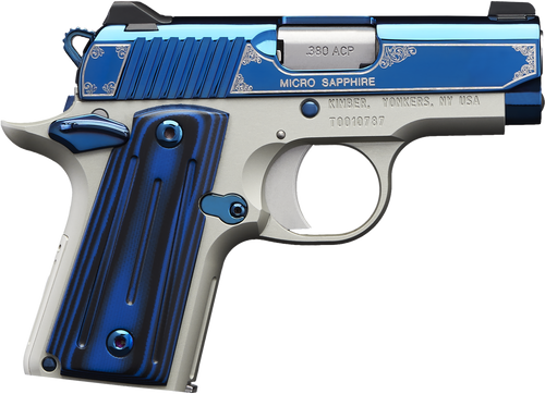 Kimber Mfg.,inc 3300090 Micro Sapphire NS 380 ACP 7+1 2.75" Polished Bright Blue PVD Coating Cut Scroll Engraving and Border Stainless Steel Thin blue/black ball-milled G-10 Grip