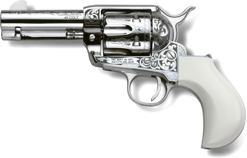 3.5" NICKEL ENGRAVED B-HEADCIMARRON HUCKLEBERRY 45LC  3.5" NICKEL ENGRAVED B-HEADCIMARRON HUCKLEBERRY 45LC