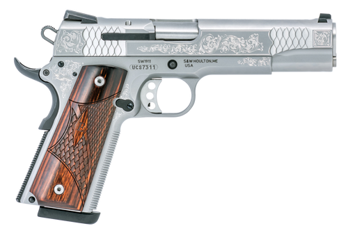 Smith & Wesson 10270 1911 E-Series Full Size Frame 45 ACP 8+1, 5" Stainless Steel Barrel, Glass Bead w/Engraving Serrated SS Slide, Matte Silver Engraved SS Frame w/Beavertail, Ambidextrous