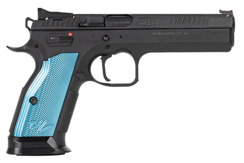 CZ-USA 91222 TS 2  40 S&W 17+1 5.28" Black Steel Barrel, Black Serrated Steel Slide, Black Polycoat Steel Frame w/Beavertail, Blue Checkered Aluminum Grip, Ambidextrous