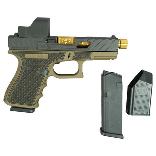 Glock 19 Gen 3 Custom "Tarpon FDE with Gold Barrel" Compact Handgun 9mm Luger 15/rd Magazines (2) 4.6" Threaded Gold Barrel Weaver Reflex Red Dot USA