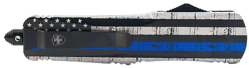 Templar Knife  Gen II Back The Blue Small 2.75" OTF Drop Point Part Serrated Black Oxide Stonewashed 440C SS Blade, 4.25" B&W US Flag w/Blue Line Aluminum Handle, Glass Breaker