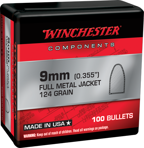 Winchester Ammo WB9MC124X Centerfire Handgun Reloading 9mm 124gr Full Metal Jacket 100 Per Box/10 Case