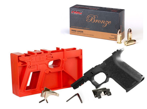 Polymer 80 PF940C 80% Compact Pistol Frame Kit V1- Black | Compatible with Glock 19/23 Gen 3 Bundled w/ PMC Bronze 9mm Luger Handgun Ammo - 115 Grain | FMJ | 50rd Box