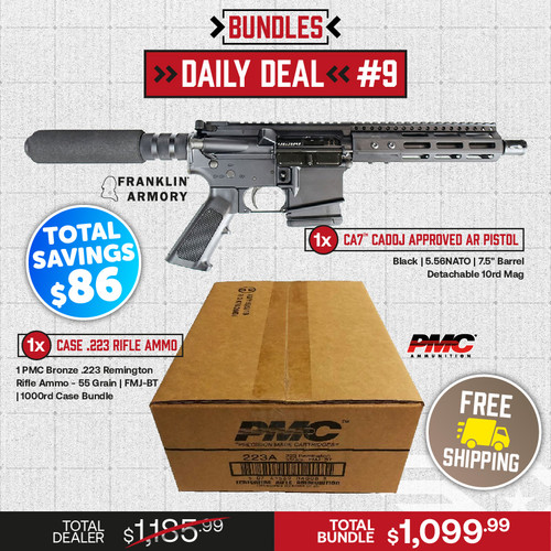1 Franklin Armory CA7™ CADOJ APPROVED AR PISTOL - Black | 5.56NATO | 7.5" Barrel | Detachable 10rd Mag AND 1 PMC Bronze .223 Remington Rifle Ammo - 55 Grain | FMJ-BT | 1000rd Case Bundle
