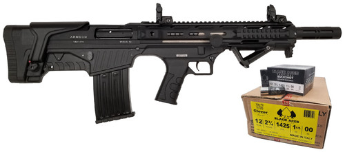 Armsco BULLIE-12 Bullpup Semi-Auto Shotgun - Black | 12ga | 20" Barrel | Synthetic Furniture Bundled w/ Black Aces Tactical 12ga Buckshot 2.75 inch Shotgun Shells - 9 pellets | 00 Buck | 1425 fps | Zinc coated steel casing | 1 Case (10 boxes/250rds)