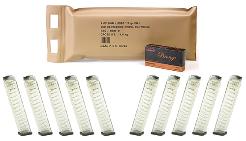 PMC Bronze 9mm Luger Handgun Ammo - 115 Grain | FMJ | 300rd Battle Pack Bundled w/ TEN ETS 9MM MAG | FITS GLOCK 17, 18, 19, 26, 34 | 31RD | length 200mm Comp Mag