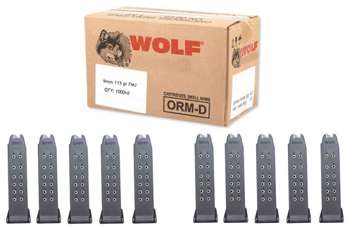 Wolf Steel Case 9mm Luger Handgun Ammo- 115 Grain | FMJ | 1000rd Case Bundled w/ TEN RWB Glock 9mm Magazine - 15rd | Gen 2 | Fits Glock 19, 26