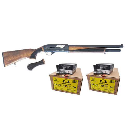 Black Aces Pro Series S Max Semi-Auto Shotgun - Walnut | 12ga | 18.5" Barrel | Includes Birds Head Grip Bundled w/ TWO CASES of Black Aces 12ga Buckshot 2.75 inch Shotgun Shells - 9 pellets | 00 Buck | 1425 fps | Zinc coated steel casing