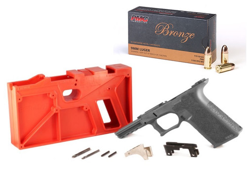 Polymer 80 PF940 80% Full Size Pistol Frame Kit V2 - Gray | Compatible with Glock 17/22 Bundled w/ PMC Bronze 9mm Luger Handgun Ammo - 115 Grain | FMJ | 50rd Box