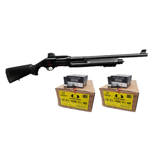 Black Aces Tactical Pro Series X Pump Action Shotgun - Black | 12ga | 18.5" Barrel | Synthetic Furniture bundled w/ TWO CASES of Black Aces 12ga Buckshot 2.75 inch Shotgun Shells - 9 pellets | 00 Buck | 1425 fps | Zinc coated steel casing