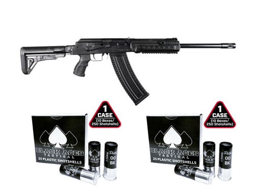 Kalashnikov USA KS-12T Tactical Semi-Auto 12ga Shotgun - Black | 10rd mag bundled w/ 2 Black Aces Tactical 12ga Buckshot 2.75 inch Shotgun Shells - 9 pellets | 00 Buck | 1425 fps | Zinc coated steel casing | 2 Cases of 10 boxes/250rds