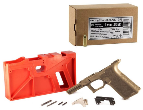 Polymer 80 PF940 80% Full Size Pistol Frame Kit V2 - FDE | Compatible with Glock 17/22 Bundled w/ Sellier & Bellot 9mm Luger Handgun Ammo - 124 Grain | FMJ | 250rd Box