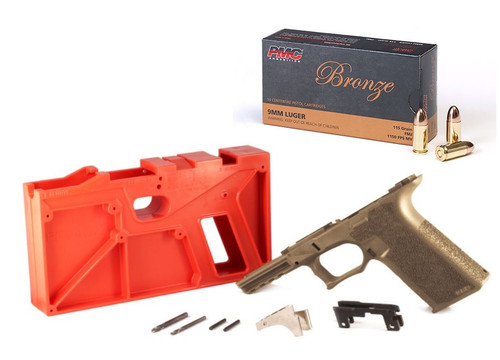 Polymer 80 PF940 80% Full Size Pistol Frame Kit V2 - FDE | Compatible with Glock 17/22 Bundled w/ PMC Bronze 9mm Luger Handgun Ammo - 115 Grain | FMJ | 50rd Box