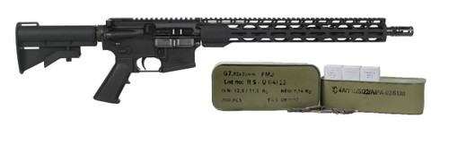 Radical Firearms Forged AR15 Rifle - Black | 7.62x39 | 16" Heavy Barrel | 15" Free Float M-LOK Thin Rail | CAR-15 Style Stock Bundled w/ One 700rd Tin of Century Arms Romanian Made 7.62x39 Rifle Ammo - 123gr Lead Core FMJ | Steel Case