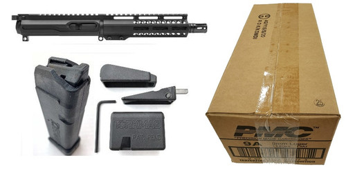 TorkMag Complete AR Upper Magdapt 17 Bundle - Black | 9mm | 8" Barrel | 7" M-LOK Rail | Includes 2 G17 20rd Mags & 1 AR-to-Glock Magwell Adapter Bundled w/ One PMC Bronze 9mm Luger Handgun Ammo - 115 Grain | FMJ | 1 Case (20 boxes)