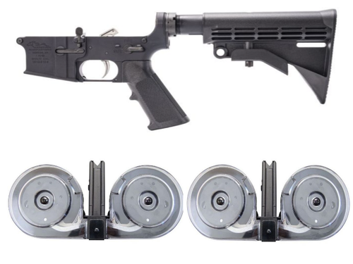 Anderson AM-15 Forged Complete AR Lower - Black | M4 Buttstock & 2 RWB AR-15 .223/5.56 100rd Dual Drum Mag Bundle